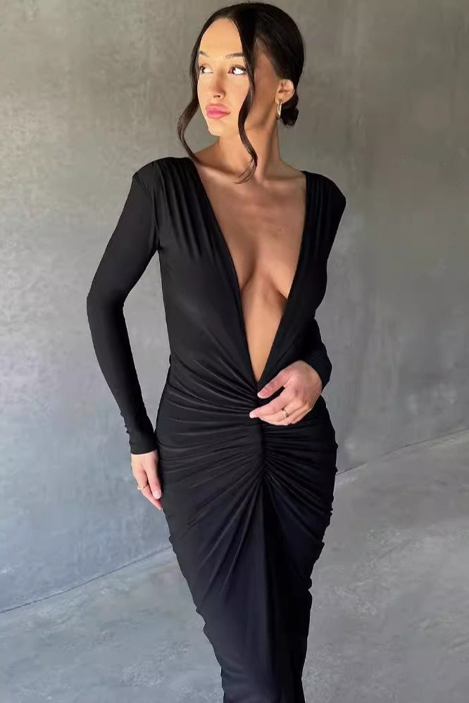 Sexy V Neck Bodycon Ruched Solid Long Sleeve Formal Dress