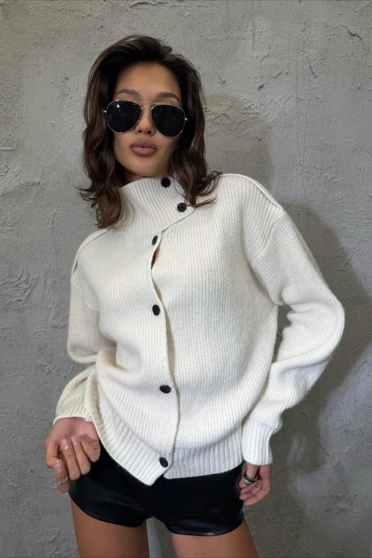 High Collar Button Front Relaxed Cardigan Sweater