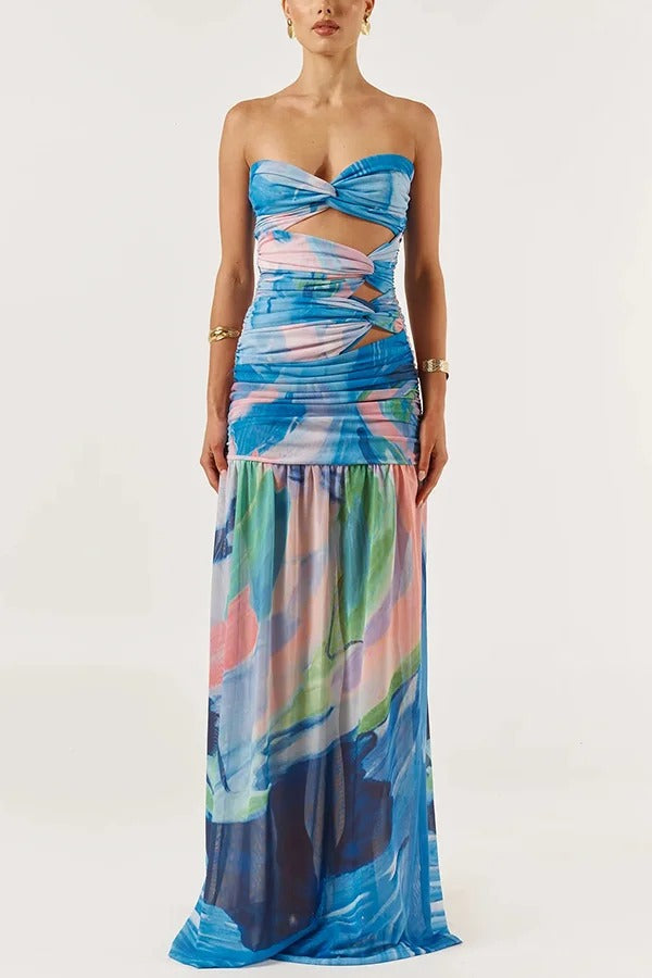 Colorful Ocean Mesh Printed Twist Cutout Off Shoulder Vacation Maxi Dress - Fashionpara
