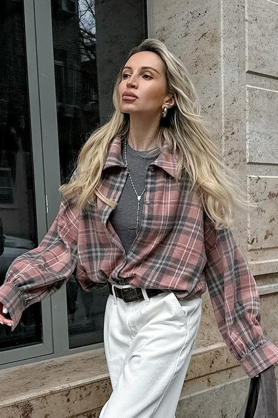 Plaid Loose Fit Cotton Blend Blouse - Fashionpara