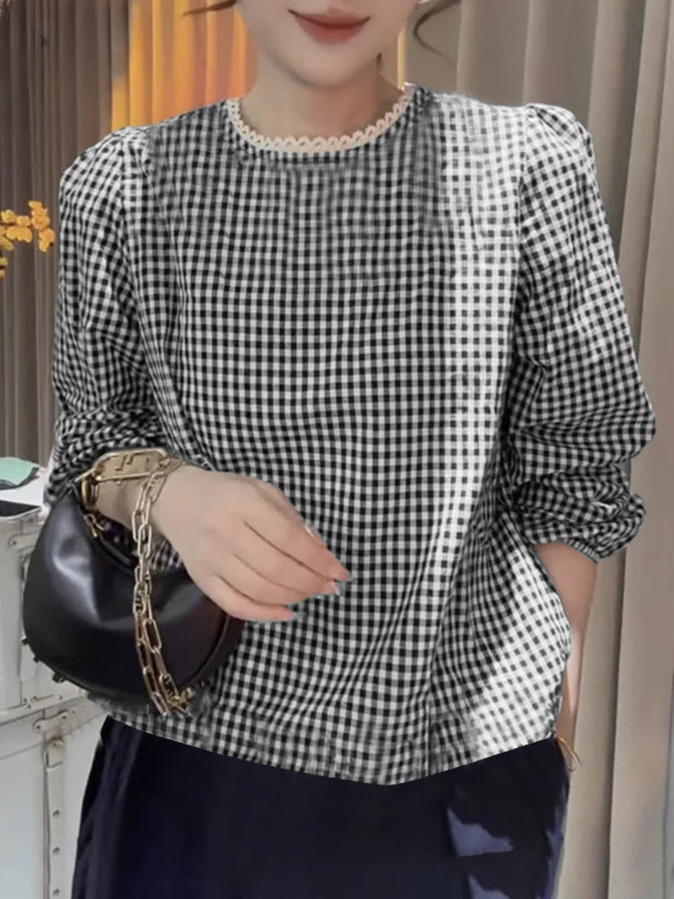 Elegant Lace Trim O Neck Checked Puff Sleeve Smock Blouse
