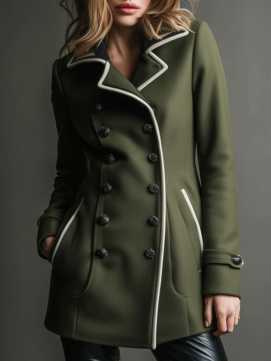 Military-Inspired Olive Trench White Trim Coat