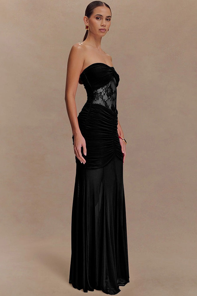 Lace Strapless Twist Ruched Mesh Mermaid Gown 8