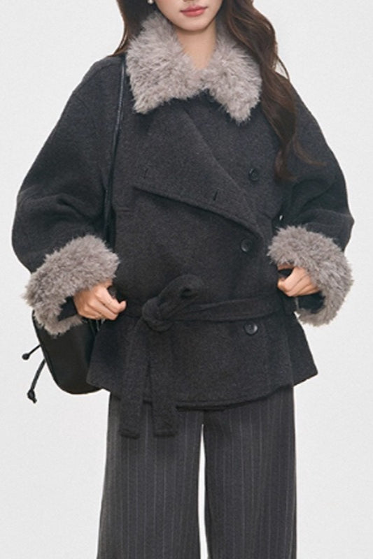 Petite Faux Fur Collar Thick Wool Blend Coat 3