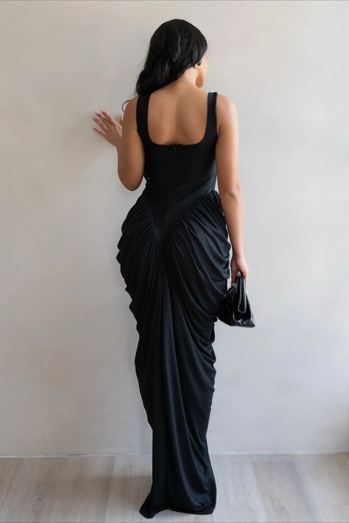 Mesh Scoop Neck Ruched Draped Mermaid Maxi Dress