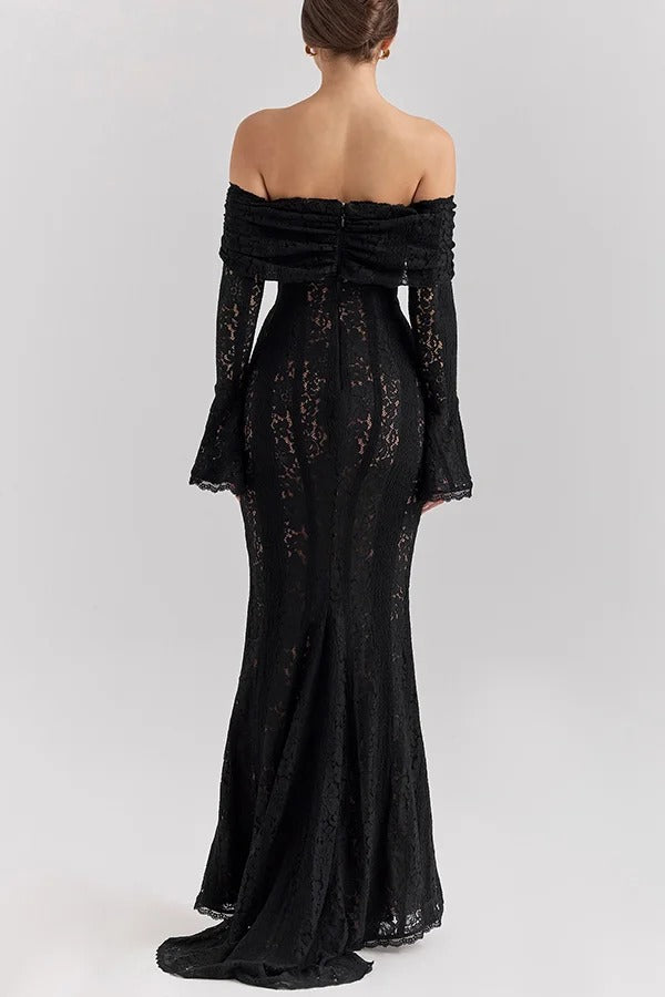 Leila Off Shoulder Floral Lace Flared Sleeve Fishtail Maxi Dress - View 16