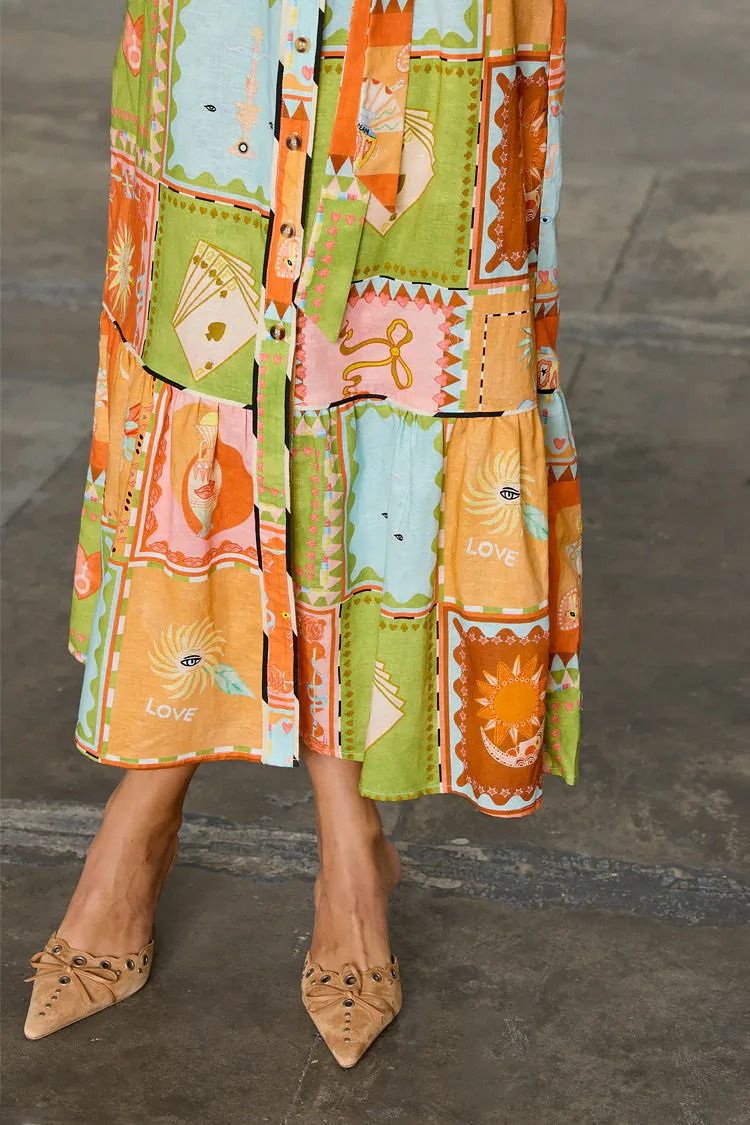 Linen Blend Unique Printed Long Sleeve Lapel Tie-waist Midi Dress - Fashionpara