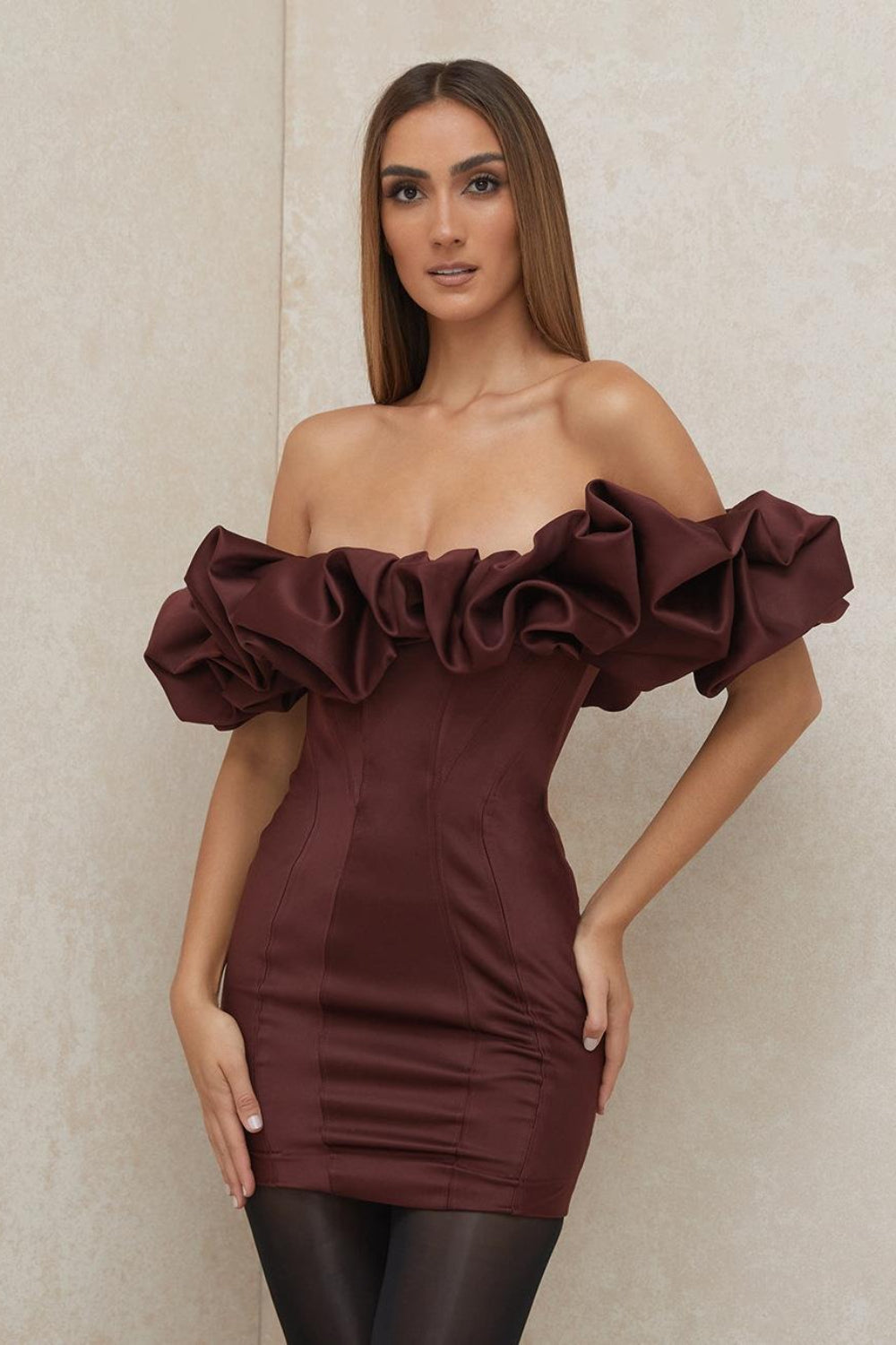 Satin Off Shoulder Ruffle Corset Bodycon Mini Dress 5