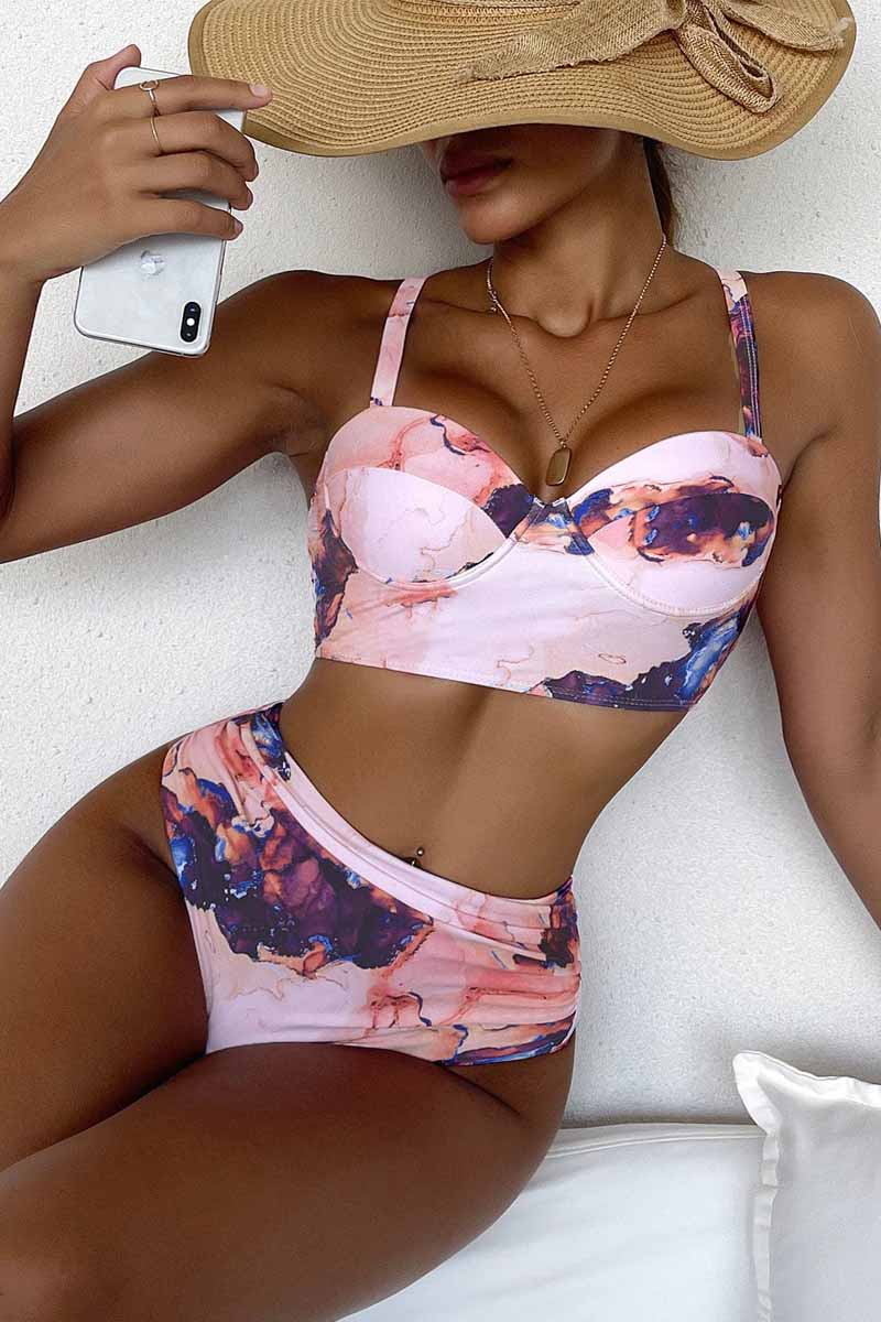 Marble Print Ruched Push Up Two Piece Swimsuit - Fashionpara