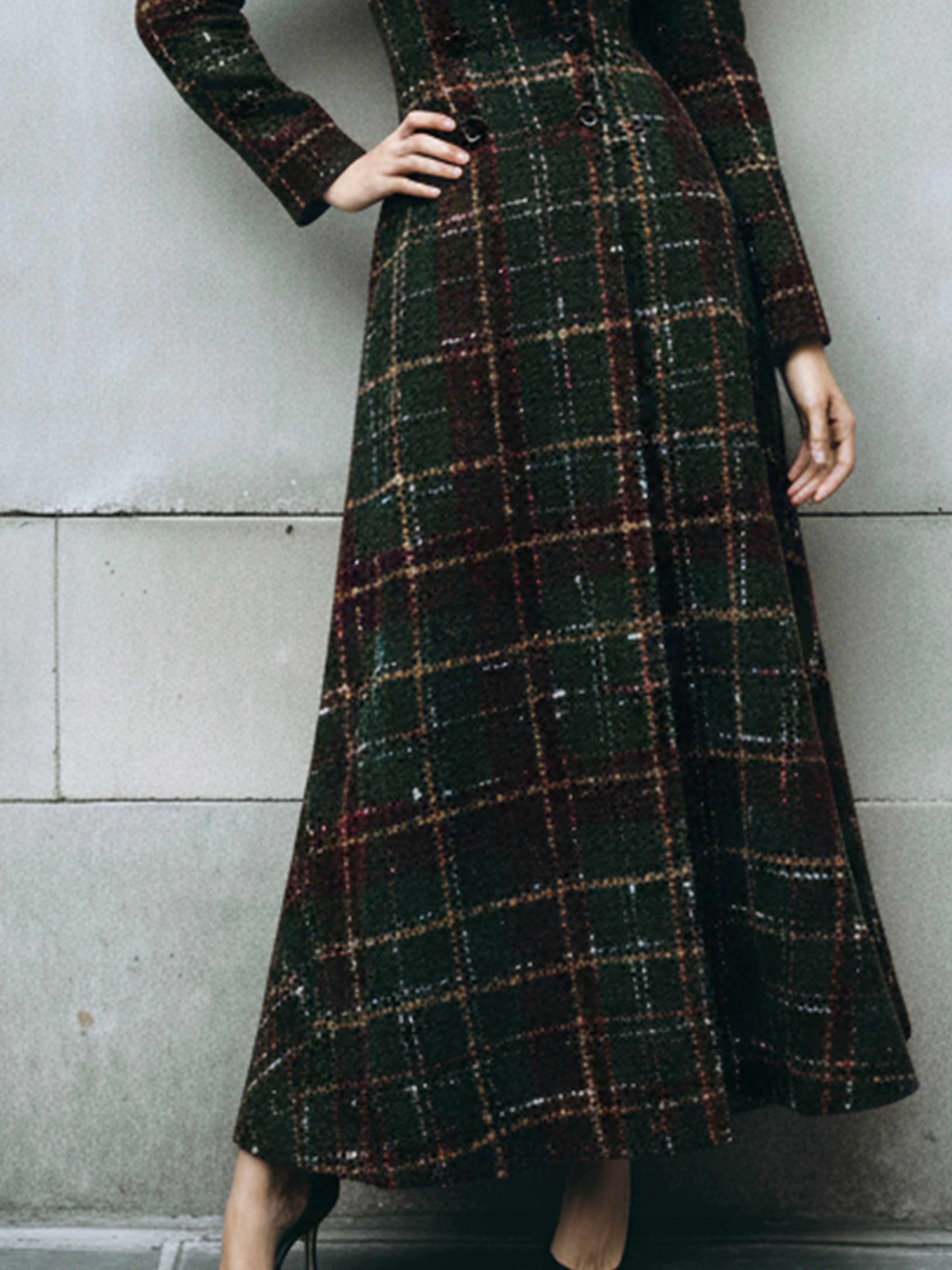 Vintage Plaid Wool Maxi Coat With Eco Fur Collar