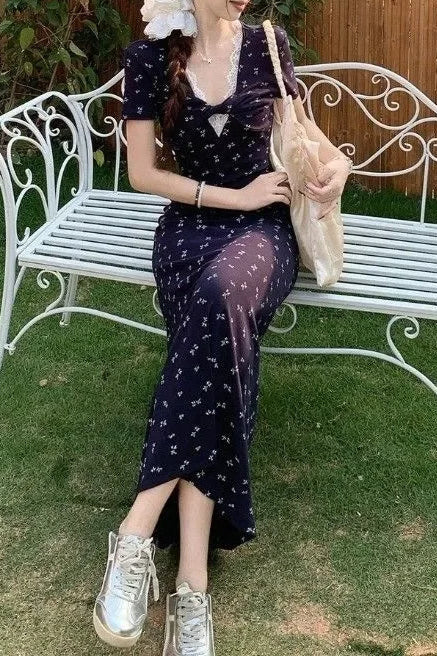 Ditsy Floral Print Sweetheart Puff Sleeve A-Line Maxi Dress 3