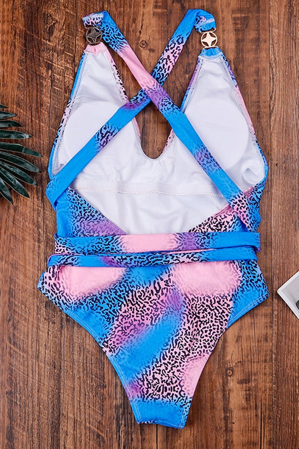 Round Neck Ethnic Print Open Back One-piece Swimsuit - Fashionpara