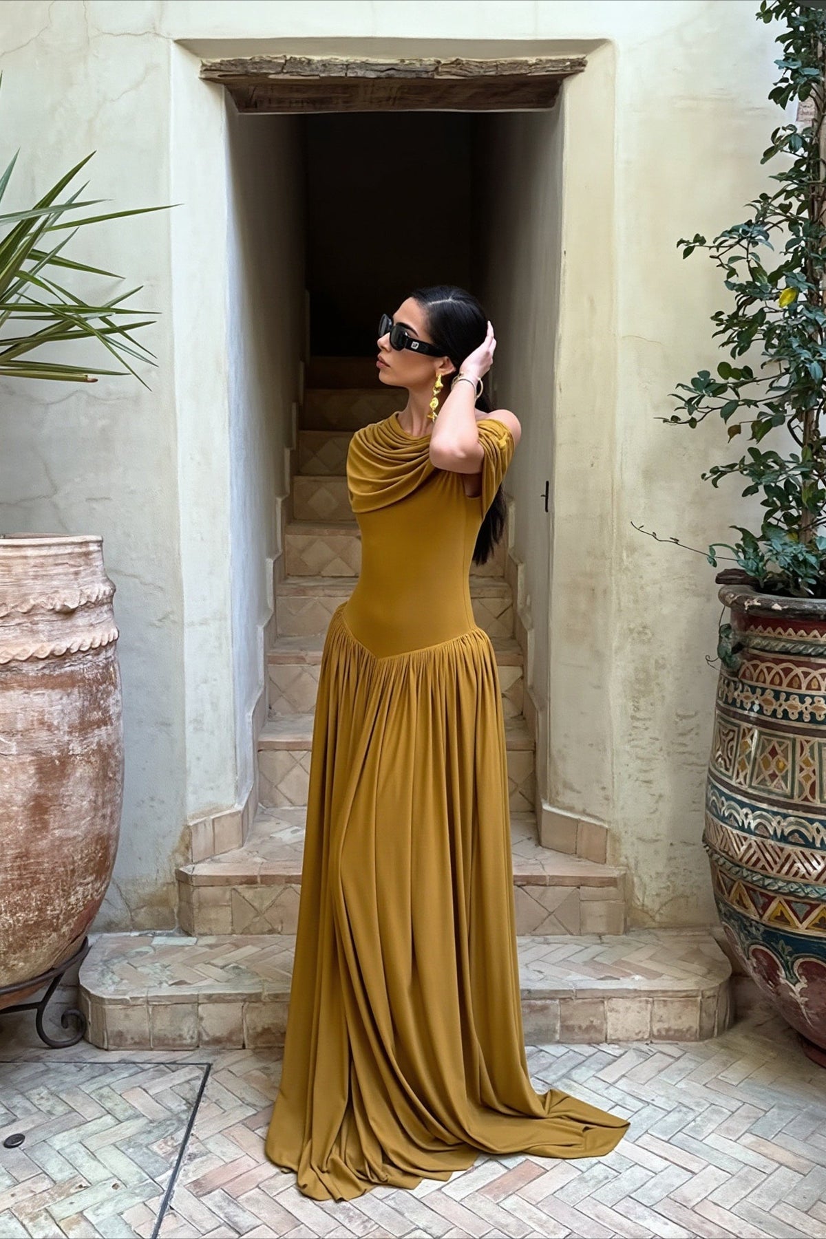 Jersey Off-Shoulder Draped Cowl Ruched Maxi Gown