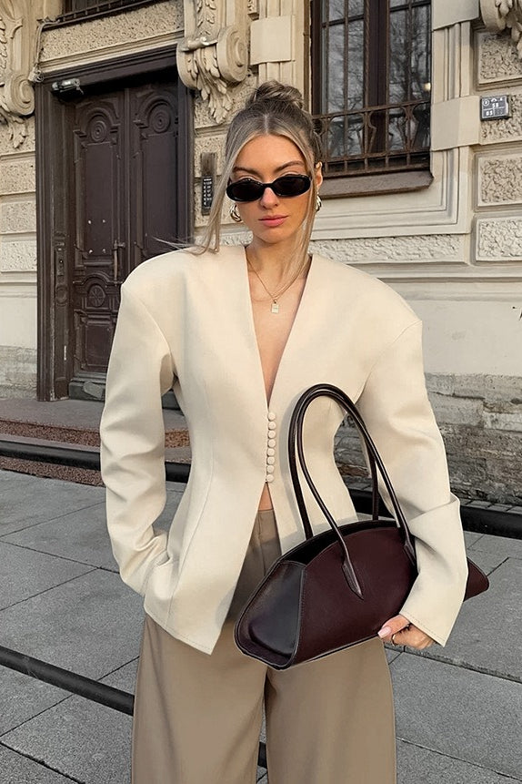 Chic Beige Structured V-Neck Coat