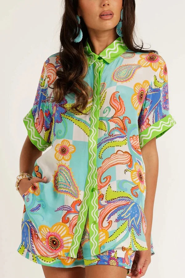 Unique Printed Short-sleeved Casual Loose Shirt and Elastic Waist Drawstring Pocket Shorts Set - Fashionpara