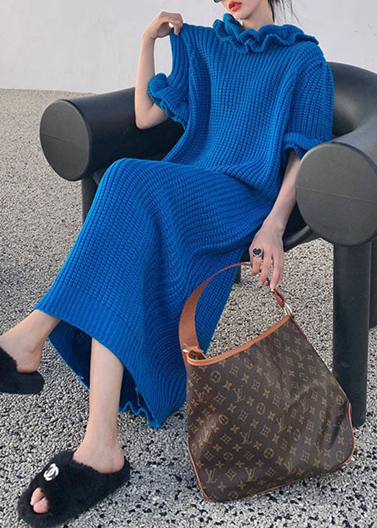Rib Knit Ruffle Mock Neck Puff Sleeve Oversized Shift Maxi Dress - View 3
