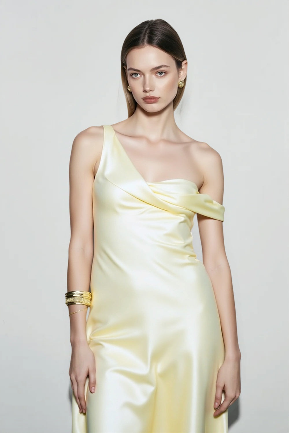 Satin Cowl Neck Asymmetric Shoulder Slip Gown 2