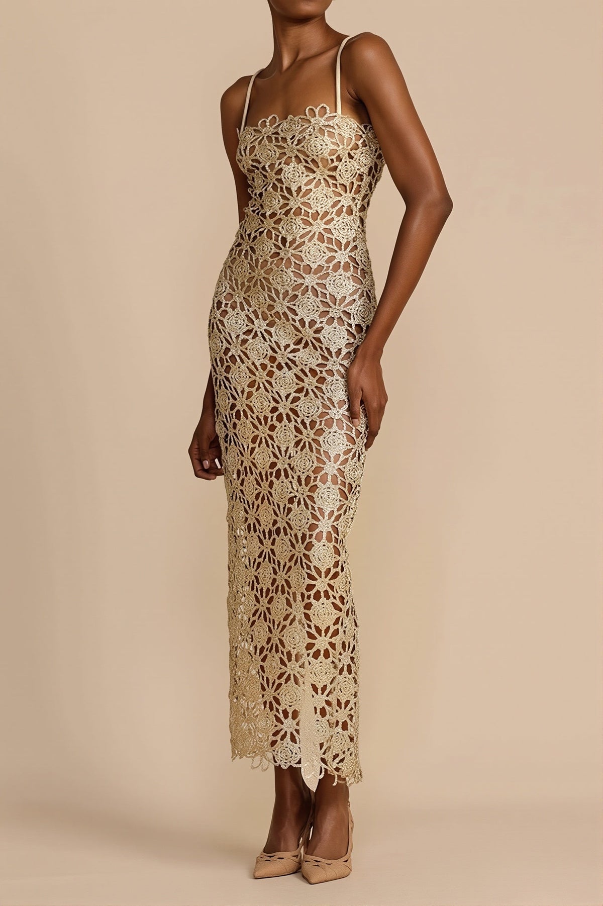 Crochet Square Neck Strappy Sheer Bodycon Maxi Dress