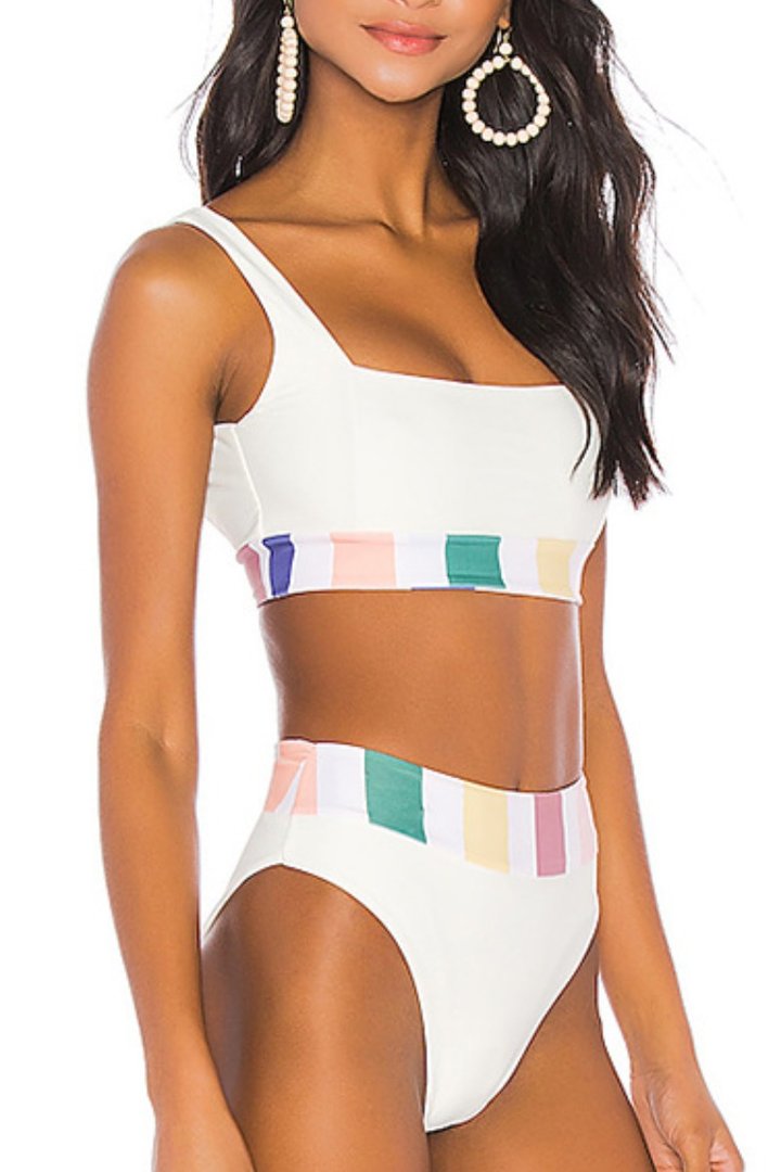 Bandeau Color-lump Patchwork White Bikini Set - Fashionpara