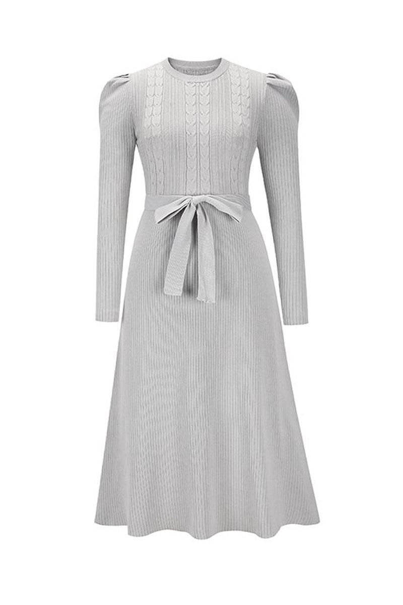 Puff Long Sleeve Belted Knit Sweater Dress