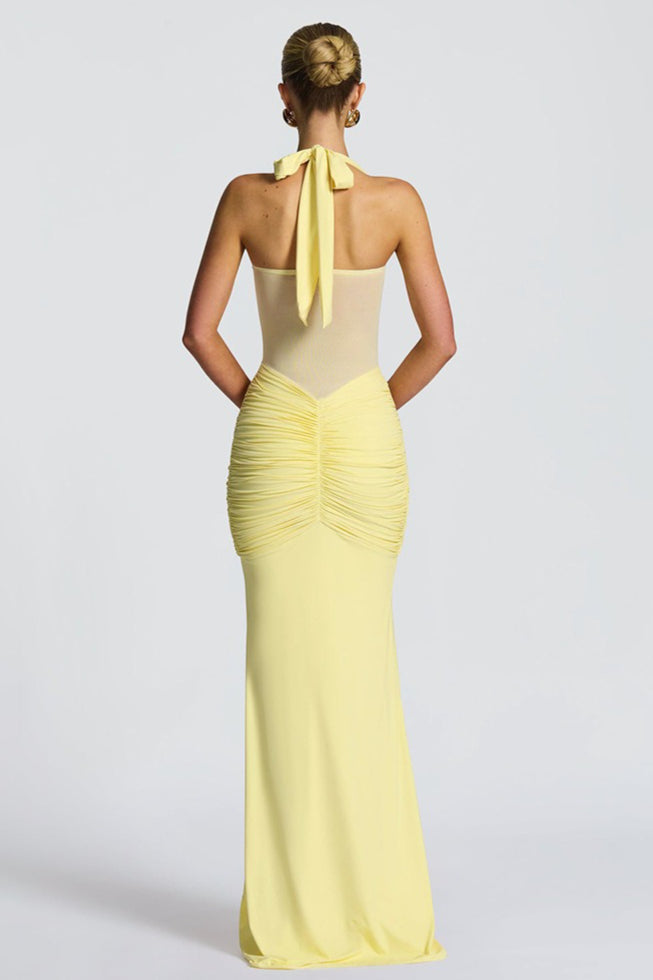Halter Twist-Front Mesh Panel Ruched Mermaid Gown