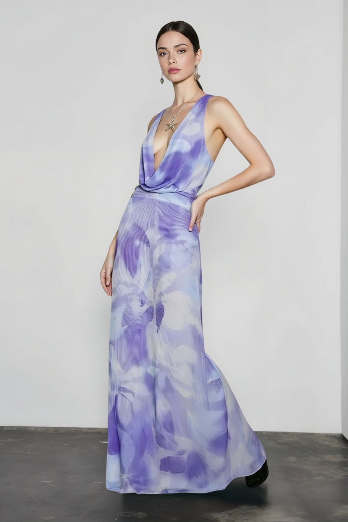 Ombre Print Halter Deep V-Neck Cowl Maxi Gown 14
