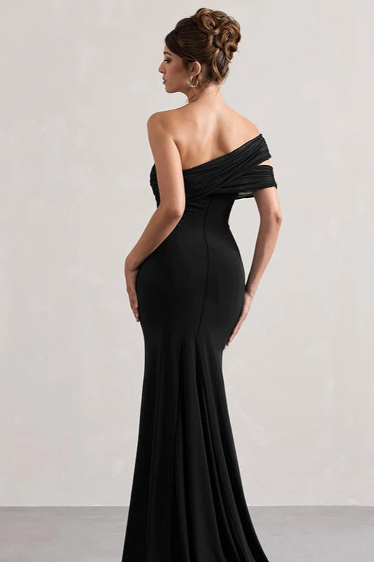 Mesh Panel Off-Shoulder Split Bodycon Party Dress