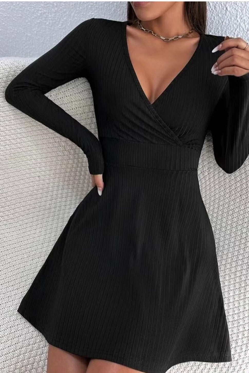 Knit V Neck Waist Cinched A Line Long Sleeve Sweater Dress