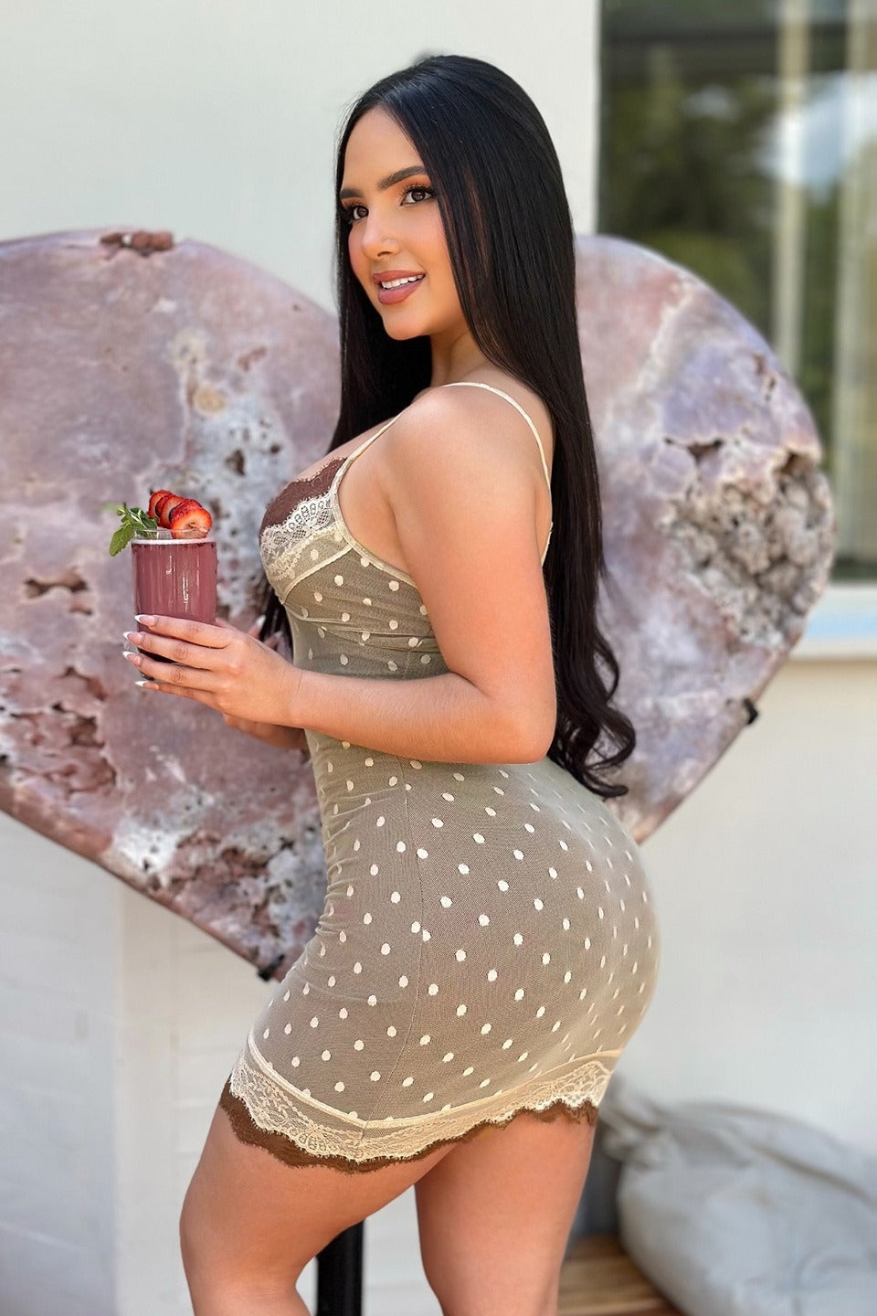 Polka Dot Mesh Lace Trim Spaghetti Strap Bodycon Mini Dress