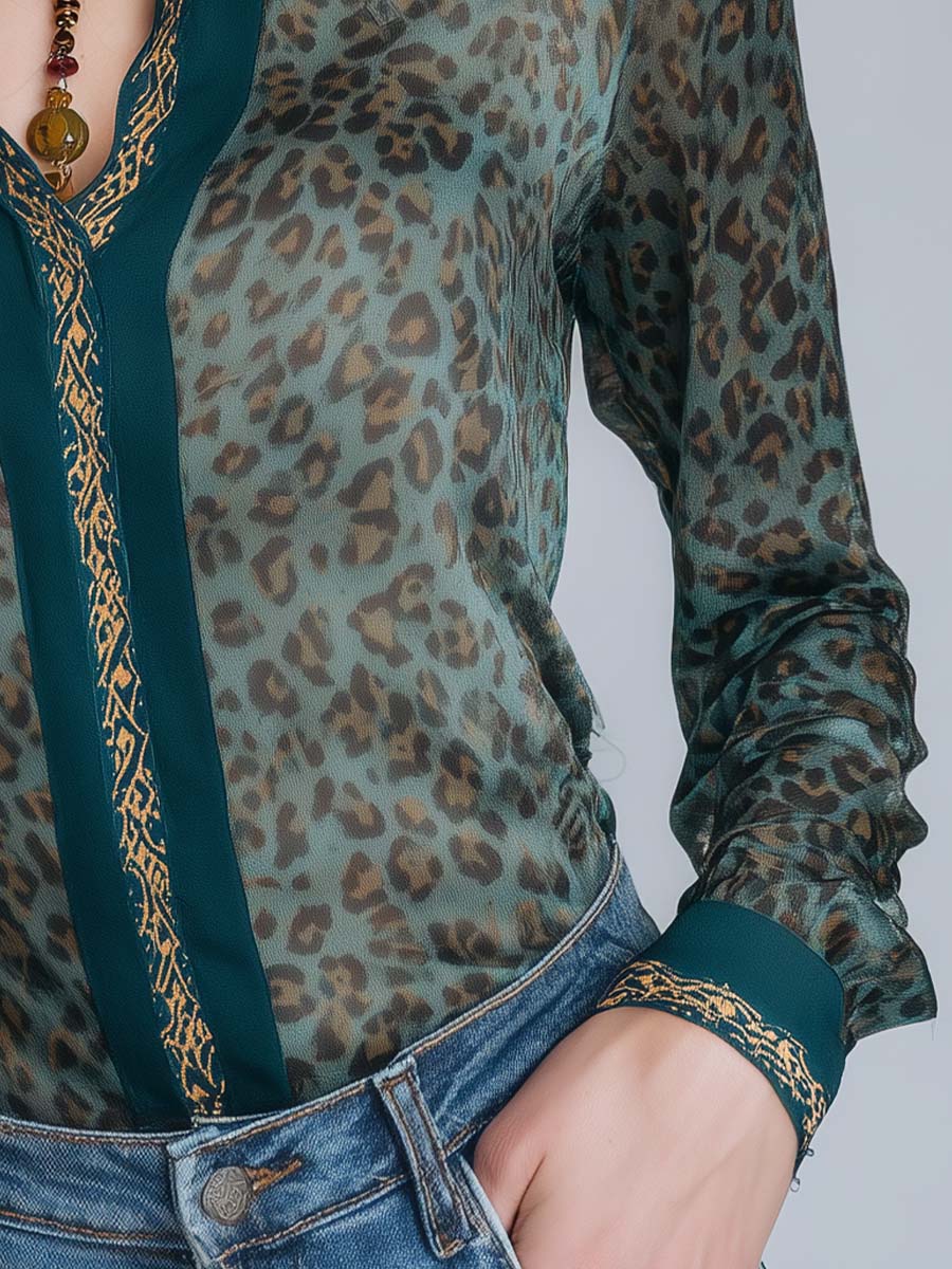 Boho Animal Print Vintage Green Chiffon Shirt - Fashionpara