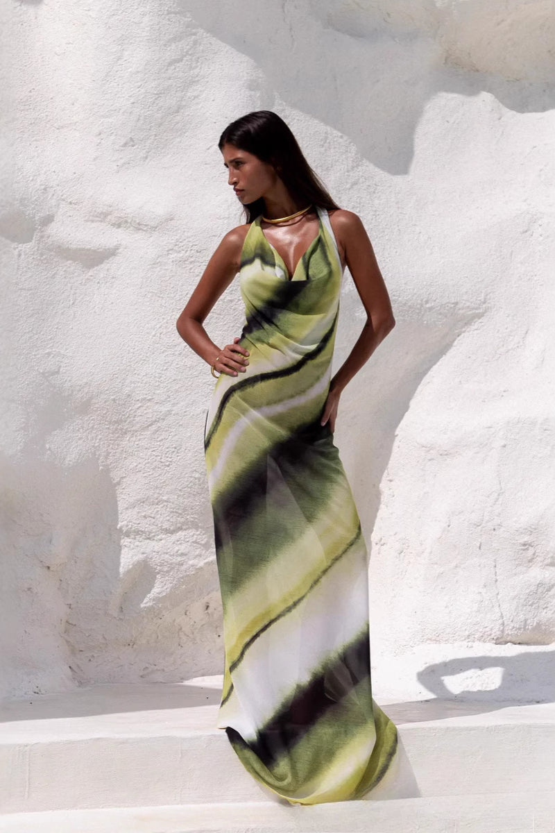 Abstract Print Cowl Neck Halter Slip Maxi Dress 2