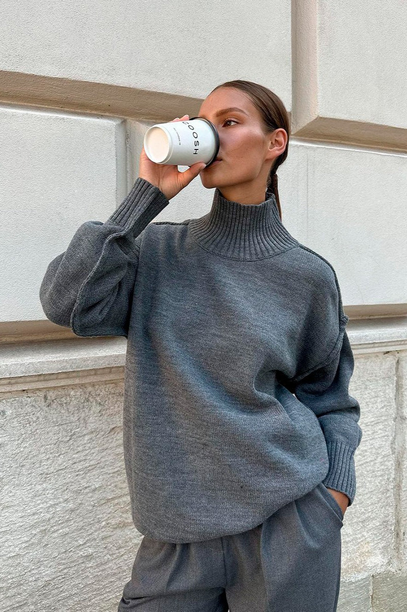 High Neck Patchwork Knit Sweater for Effortless Style