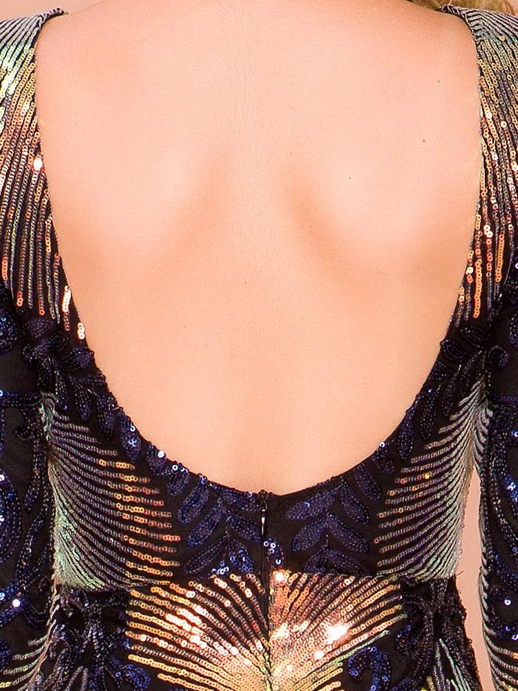 Shimmering Brocade Sequin Backless Dress - Fashionpara