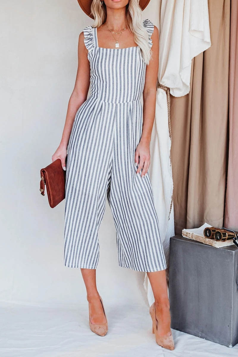Flip Side Pocketed Striped Ruffle Jumpsuit - Fashionpara