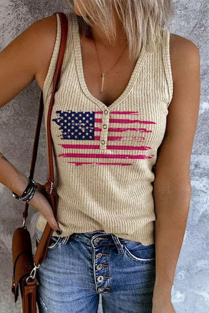 Flag Print Button Notched Neck Tank Fashionpara