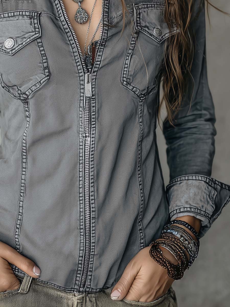Retro Flap Pocket Zipper Placket Long-sleeved Denim Blouse