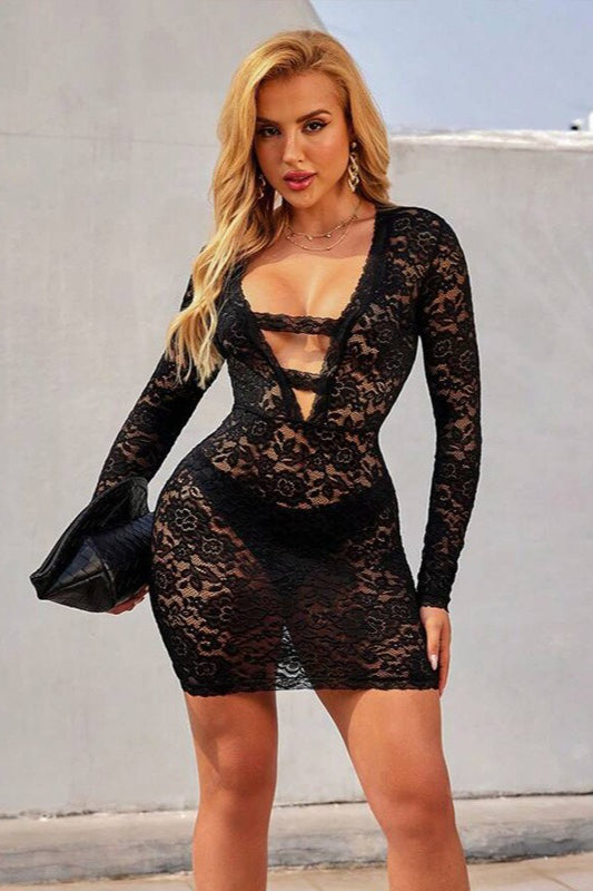 Lace V-Neck Long Sleeve Bodycon Mini Dress