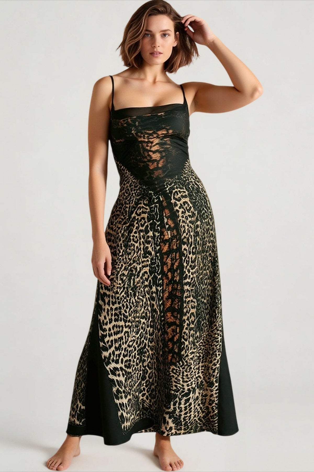Patchwork Backless Sheer Mesh Midi Dress