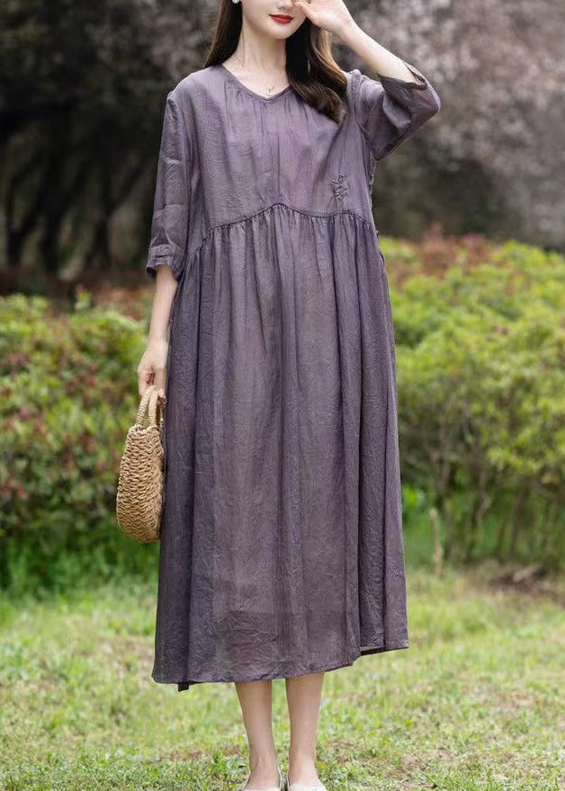 Crinkled Textured Empire Waist Three Quarter Sleeve Midi Dress