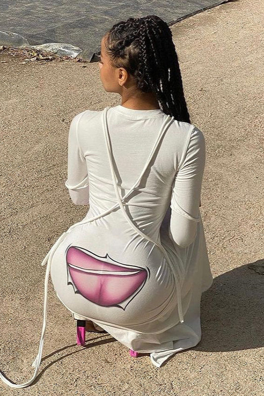 Abstract Print Side Tie Long Sleeve Maxi Dress