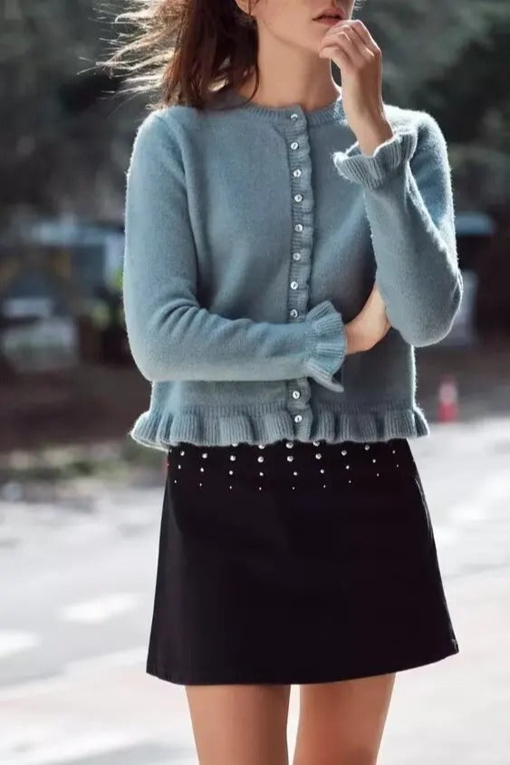 Single Breasted Ruffled Round Neck Cardigan