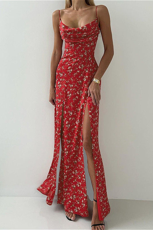 Floral Print Cowl Neck High Slit Bodycon Maxi Dress
