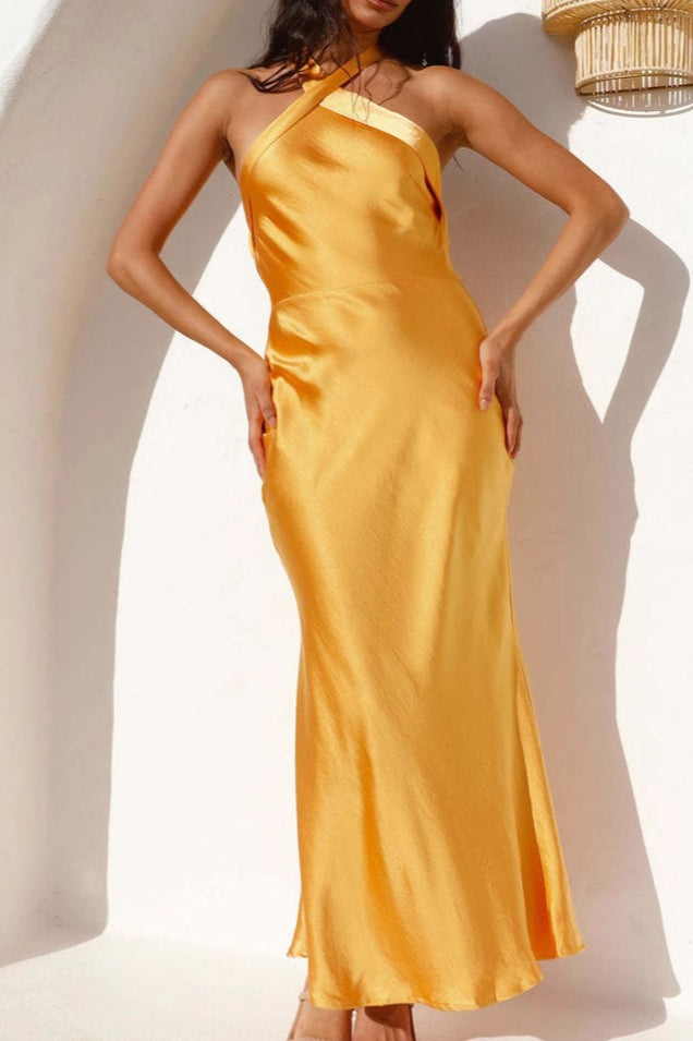 Satin Halter Neck Backless Bias-Cut Maxi Dress