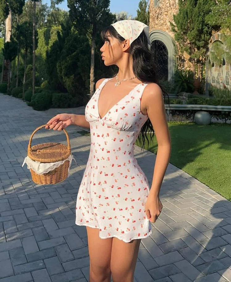 Cherry Print Deep V-Neck Mini Dress