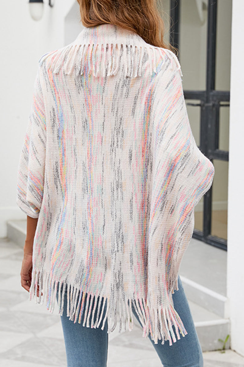 Color Striped Fringed Knit Shawl Sweater - Fashionpara