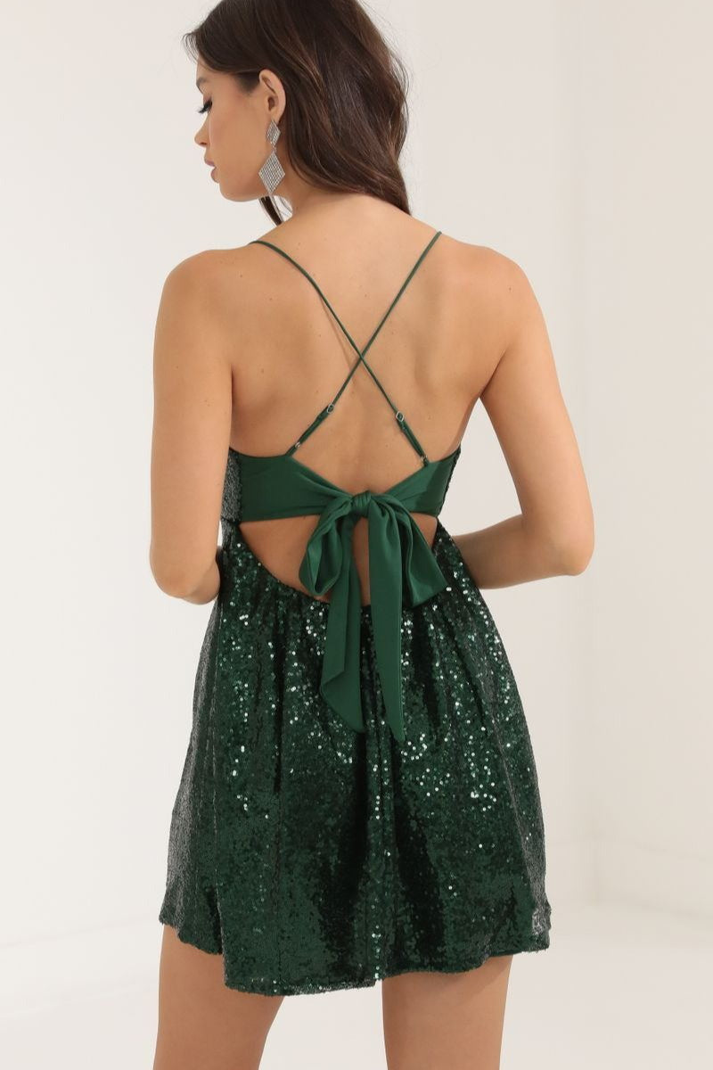 Spaghetti Strap Bow Contrast Chic Sequin Dress - View 4