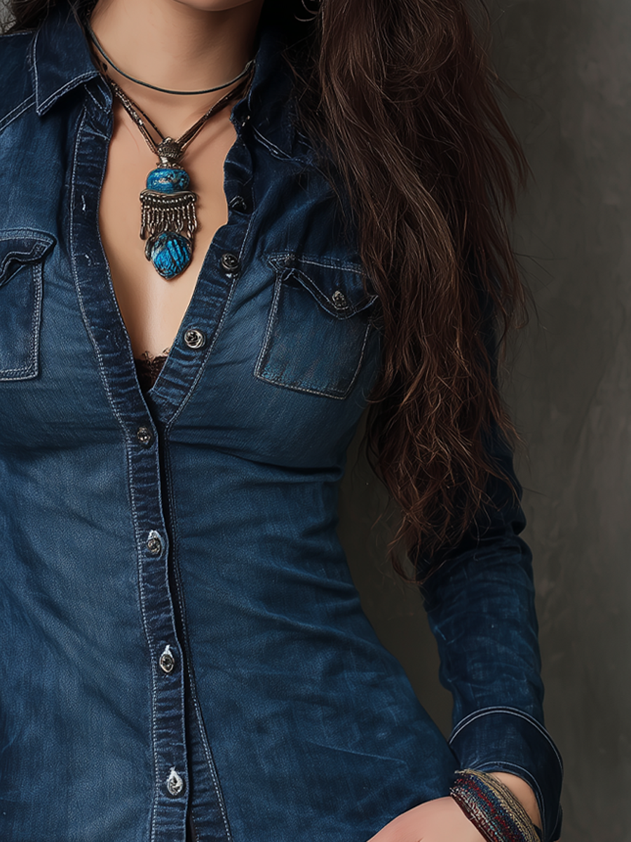 Retro Contrast Stitching Washed Long Sleeve Blouse - Fashionpara