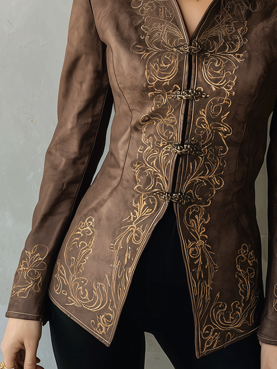 Vintage Brown Embroidered High-Collar Tailored Blouse - Fashionpara