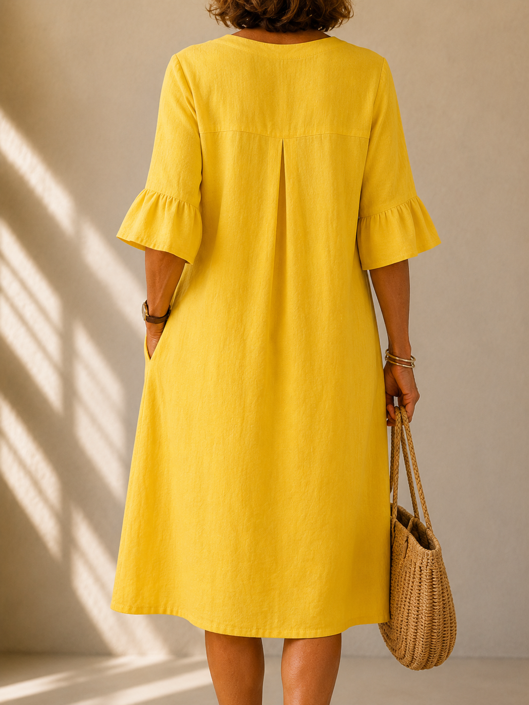 Notch Neck Bell Sleeve Button Front Pocket Midi Dress 2