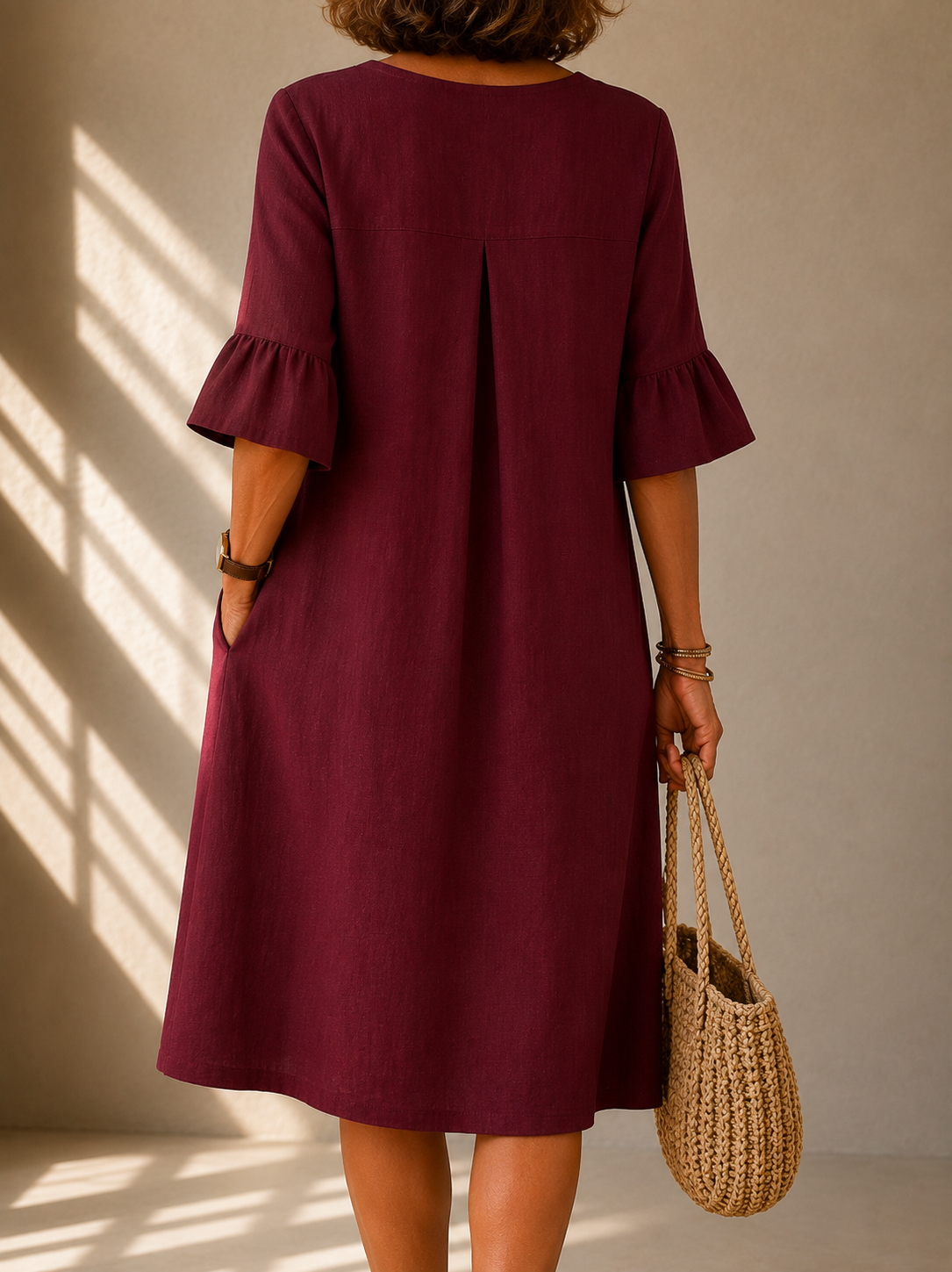 Notch Neck Half Sleeve Button Front Pocket Midi Dress 2